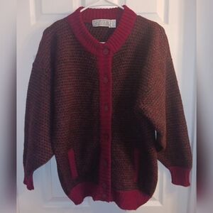 Laird Portch Of Scotland Pure New Wool Cardigan M Burgandy & Black Chunky Warm